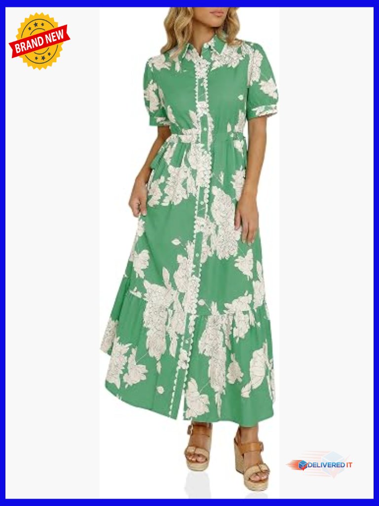Floral Collared Short Sleeve Button Down Drawstring Waist Maxi Dress